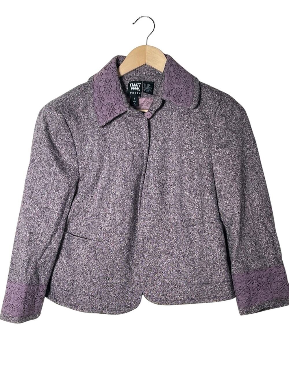 Worth Lavender Wool Blend Tweed Collar Cape Jacket size 8 B95